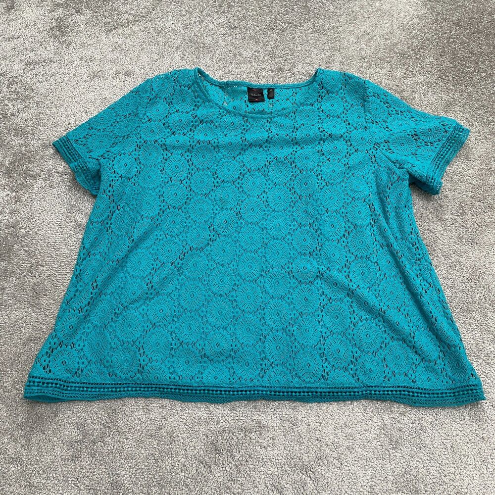 Rafaella Lace Blouse Womens 2X Blue Crew Neck Short Sleeve W/ Camisole Lining